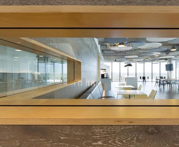 View through a timber-framed interior opening into a bright contemporary commercial lounge or breakout area. The space features extensive glazing, lounge seating, dining tables, pendant lighting, and a distinctive ceiling installation of overlapping acoustic panels. A glazed meeting room is visible to the left.