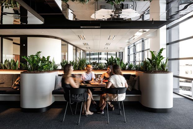 A bright contemporary commercial interior with a collaborative dining or breakout area. Four people sit around a small table within a built-in banquette, surrounded by large cylindrical planters filled with greenery. Floor-to-ceiling windows line the right side, while a reflective dark ceiling feature, exposed structural beams, suspended linear lighting, and open-plan glazing create a polished office or hospitality setting.