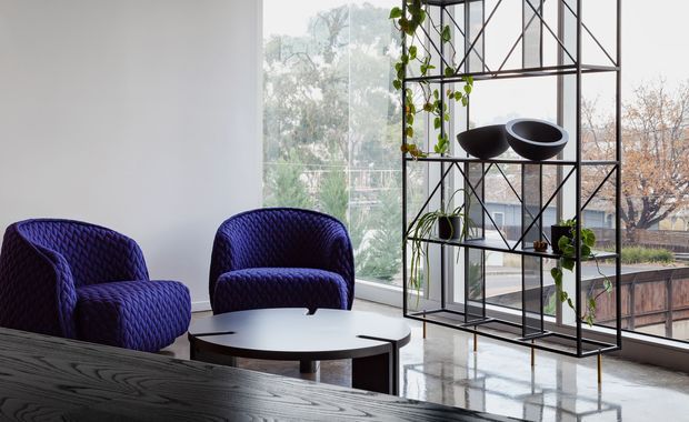 A bright contemporary sitting area with two sculptural deep-purple upholstered lounge chairs and a round black coffee table. A black metal open shelving unit with potted trailing plants and decorative vessels stands beside large floor-to-ceiling windows, while a dark timber surface occupies the foreground. The polished light floor and expansive glazing create an airy, refined atmosphere.
