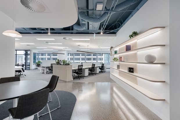A bright contemporary open-plan office interior with workstation clusters, meeting tables, large windows, and a long built-in display and storage wall with illuminated curved shelves. The space combines polished concrete or terrazzo-style flooring, neutral finishes, exposed services at the ceiling, and modern suspended lighting.