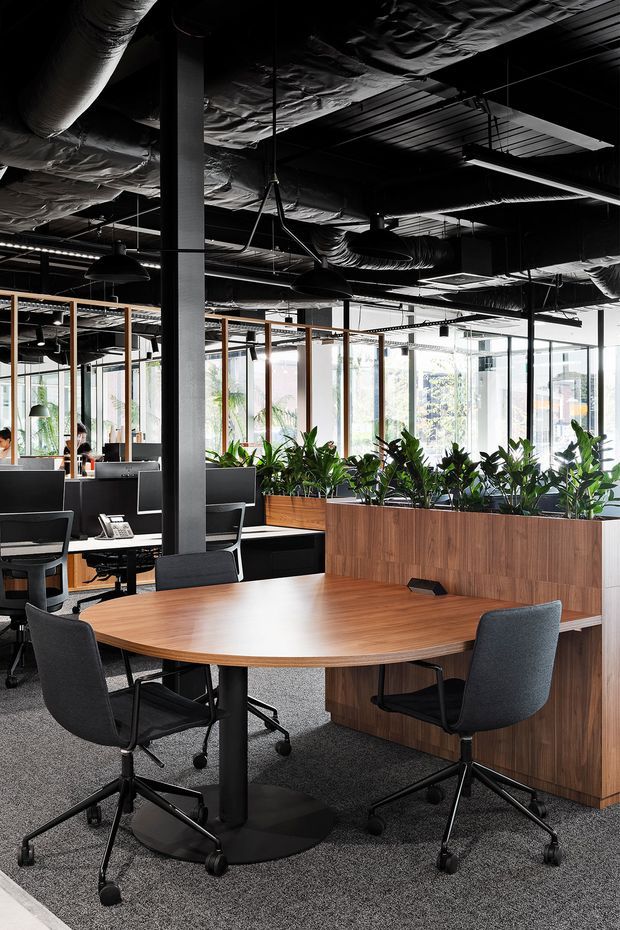 A contemporary open-plan office interior with a round timber meeting table and black pedestal base surrounded by upholstered task chairs. Workstations sit behind a timber planter and glazed partition, with abundant indoor plants, exposed black services and ducts, suspended linear and pendant lighting, dark structural columns, and broad floor-to-ceiling windows. The palette is predominantly black, natural wood, grey carpet, and green planting.