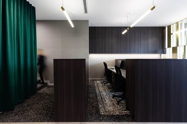 Contemporary open-plan commercial workspace with dark timber privacy partitions, desks and office chairs, patterned carpet flooring, a large green curtain, linear pendant lighting, and vertical window glazing along one side.
