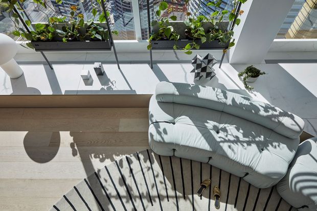 Bright contemporary living area viewed from above, featuring a pale upholstered curved sofa, light timber flooring, a striped area rug, large floor-to-ceiling glazing, and suspended planter boxes with trailing greenery. Strong sunlight and shadows create an airy indoor atmosphere, with urban buildings visible beyond the windows.