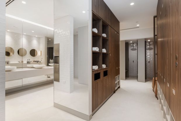 Bright contemporary bathroom suite with a white double vanity and mirrored wall on the left, open shower areas at the rear, and extensive dark timber built-in cabinetry and shelving forming a central partition and lining the right wall. Recessed ceiling lighting and pale flooring create a clean, refined appearance.