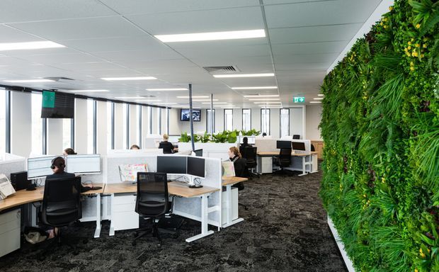 Open-plan modern office interior with rows of white workstations, computer monitors, task chairs, large windows, bright linear ceiling lighting, and a prominent floor-to-ceiling living green wall along the right side. The space has dark patterned carpet and a clean contemporary commercial fit-out.