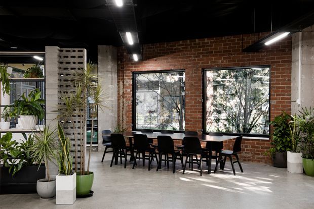Industrial-style communal dining or meeting area with a long dark table and black chairs, exposed red brick walls, raw concrete columns and polished concrete flooring. Large black-framed windows bring in natural light, while abundant potted plants soften the utilitarian space. The dark exposed ceiling and linear pendant lighting reinforce the warehouse-like character.