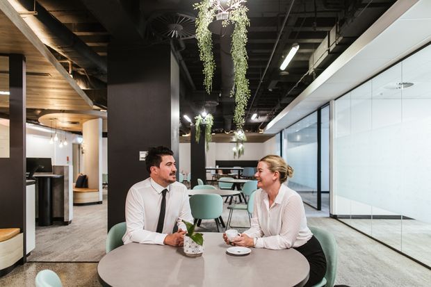 A contemporary commercial office interior with two people seated at a round meeting table. The open-plan workspace features glass meeting-room partitions, café-style furniture, timber-lined ceiling details, exposed black services, linear pendant lighting, and suspended trailing greenery.