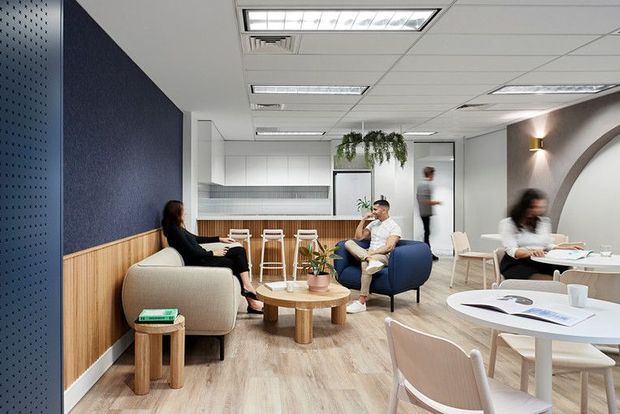 Contemporary open-plan commercial lounge and collaboration area with soft seating, round timber coffee tables, dining-style work tables, a compact kitchenette, acoustic wall treatments, suspended greenery, and a suspended grid ceiling with fluorescent lighting. The space uses a light, neutral palette with blue upholstered seating and warm timber accents.