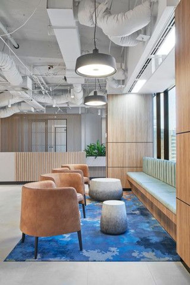 A contemporary commercial office lounge or waiting area with exposed white services and ductwork, suspended dark pendant lights, timber-lined walls, a built-in upholstered window bench, warm tan lounge chairs, round concrete-look tables, and a vivid blue patterned rug. Vertical timber screening and indoor planting separate the seating zone from the circulation area.