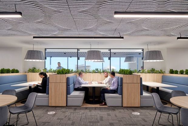 A contemporary open-plan commercial dining and collaboration area with upholstered booth seating, timber privacy partitions, round café tables, pendant lights, and large windows. Several people are seated at tables, with planter boxes separating the interior from the glazing. The ceiling has an exposed textured acoustic finish with linear suspended lighting, and the floor is carpeted.