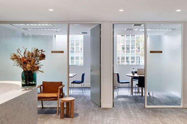 Bright contemporary commercial office interior with a carpeted open reception or breakout area, a curved light stone reception counter, timber-framed upholstered lounge chair, small side table, and dried floral arrangement. Two glazed meeting rooms with frosted privacy bands and small room signs open off the space, furnished with desks and blue and dark chairs. Suspended ceiling panels, recessed downlights, and views of a multi-storey building through the windows are visible.