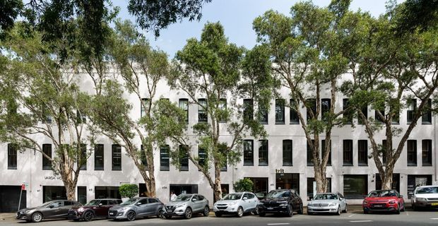 Street-level view of a contemporary multi-storey white building with a regular grid of tall dark-framed windows and ground-floor commercial or entry spaces, partially screened by mature street trees. Several parked cars line the road in front.