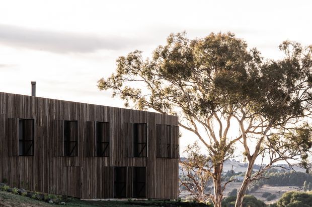 Exterior view of a compact contemporary two-storey building clad in vertical dark timber boards, with regularly spaced dark-framed windows. The simple rectilinear form sits within a natural, sloping landscape, with mature eucalyptus trees and distant hills visible behind it. The image has a subdued, warm natural palette and soft overcast light.