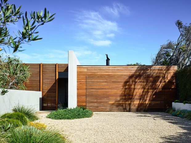 Single-storey contemporary residential facade with horizontal timber cladding, a tall white rendered wall element, dark timber entry door, and a broad integrated garage door. The home is approached via a pale gravel driveway framed by drought-tolerant landscaped planting and rendered garden walls, under a clear blue sky.