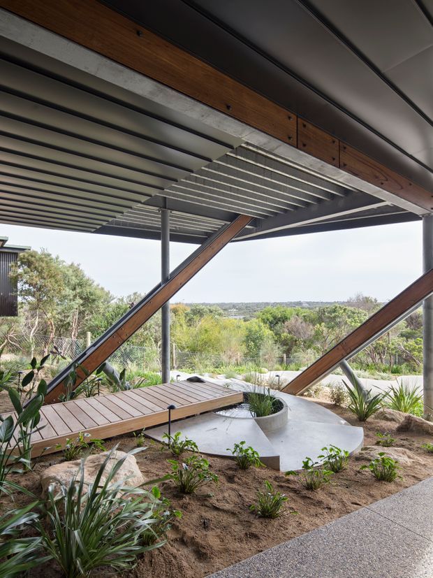 A landscaped outdoor area beneath a raised contemporary structure, featuring exposed timber and steel framing, a slatted overhead deck or roof structure, a timber pedestrian bridge, curved concrete paving, planted garden beds, and views across a leafy landscape.