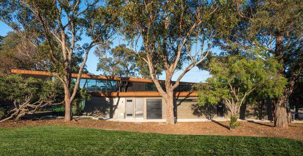 A low, single-storey contemporary building viewed from the landscaped exterior. The facade combines horizontal timber-toned cladding, exposed concrete or masonry walls, dark-framed glazing, and a low flat or shallow-pitched roofline. Mature eucalyptus trees and lawn partially screen the building, with a clear blue sky and warm afternoon light.