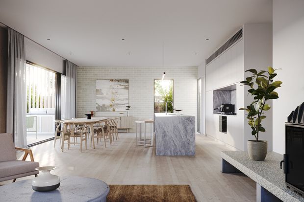 Bright open-plan contemporary interior with a dining area and kitchen island, pale timber flooring, white-painted brick feature walls, extensive glazing with sheer curtains, and streamlined white built-in cabinetry. A veined grey stone island, integrated television joinery, neutral furnishings, and indoor planting create a refined, airy living space.