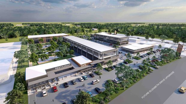 Aerial architectural visualization of a contemporary mixed-use commercial development with multiple low-rise buildings, a central landscaped courtyard, restaurants and cafe frontage, extensive parking, pedestrian paths, and surrounding greenery. The image includes labels for a restaurant, cafe, future drive upgrade, and other development elements.