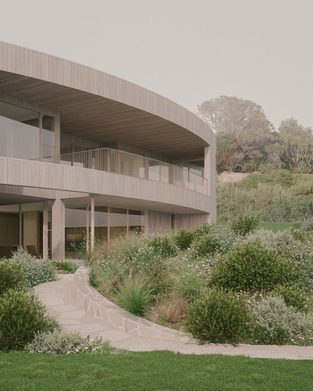 Exterior view of a contemporary multi-level residence with a sweeping curved roof and upper-floor balcony. The building uses pale vertical timber-like cladding, slim metal or timber balustrades, extensive glazing, and a timber-lined soffit. A curved paved walkway leads through a lush, naturalistic garden with grasses and low shrubs.