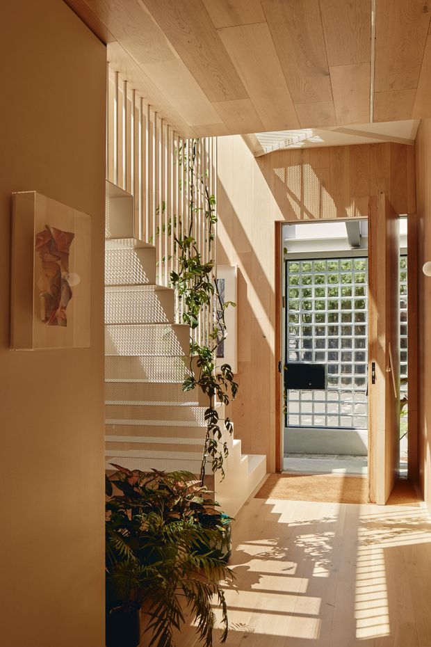 Sunlit interior entryway with a sculptural perforated stair and slim vertical timber balustrade, surrounded by warm pale timber wall and ceiling panelling. A glass-block exterior door and adjacent glazing bring in patterned light, while indoor plants soften the space. The composition highlights a vertical circulation zone and strong geometric shadows.