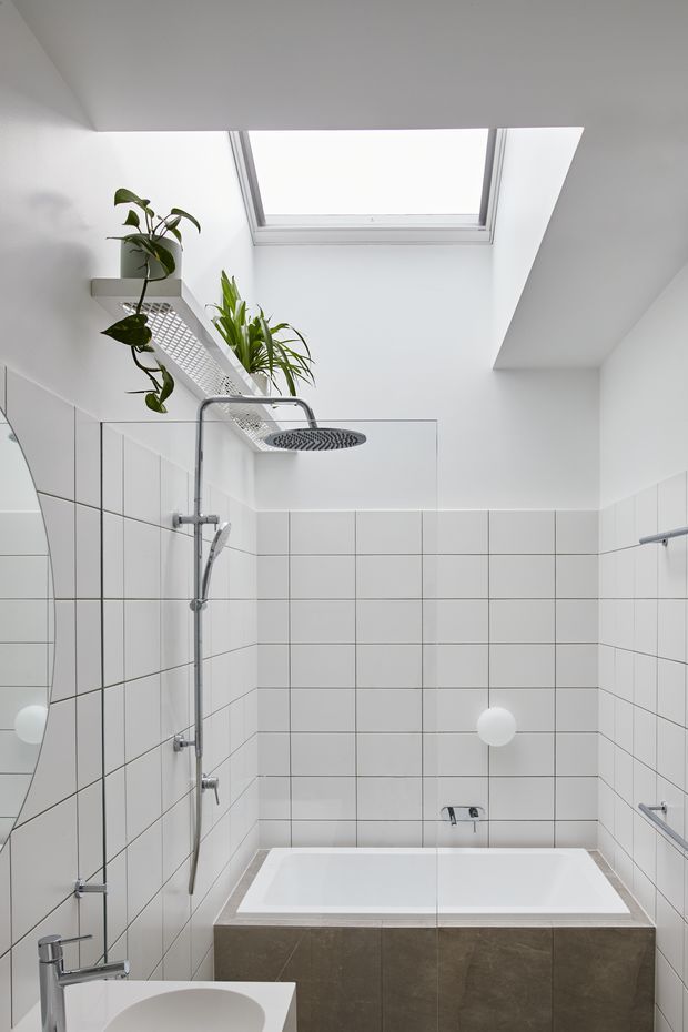 Bright, compact contemporary bathroom with a tiled shower and bathtub beneath a large skylight. White grid-pattern wall tiles, clear glass shower screen, chrome fixtures, a white basin, and a built-in tiled bath surround are visible. A wall shelf with trailing and upright plants adds a natural accent.