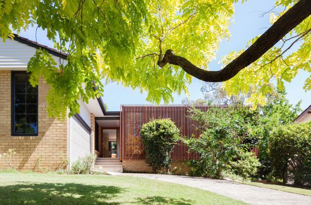 Sunny exterior view of a low-rise residential home set within a landscaped garden. The facade combines pale tan brickwork with a prominent vertical timber screen, dark-framed glazing, and a shallow pitched roof. Mature trees, clipped shrubs, lawn, and a curved garden path frame the entrance.