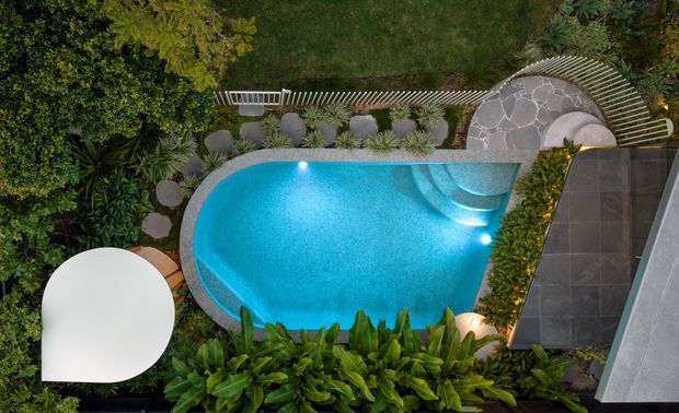 Aerial view of a landscaped residential pool area featuring a curving turquoise swimming pool, rounded shallow entry steps, dark tiled paving, a curved pale stone terrace, dense tropical planting, sculptural shrubs, and a white rounded outdoor seating or shade element. A slatted timber screen and garden paths frame the pool.