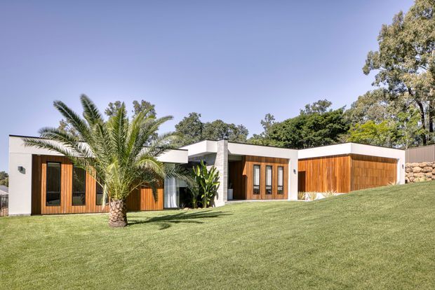 Exterior view of a low-slung single-storey contemporary residence set into a gently sloping, landscaped lawn. The facade combines smooth white rendered walls, warm vertical timber cladding and large timber-framed glazed doors, with crisp flat roof forms and deep overhangs. A palm tree and mature landscaping frame the building, while a stone retaining wall is visible at the right.