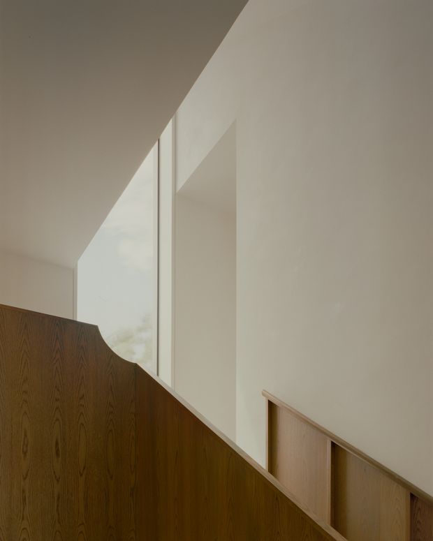 Minimalist interior view of a stairway with a sculptural dark timber balustrade and warm timber wall panelling. Tall narrow glazing brings soft natural light into the stairwell, while crisp white walls and angular ceiling planes create a calm, refined architectural composition.