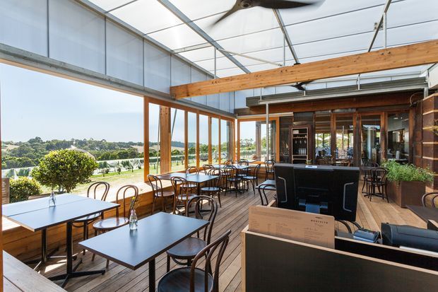Bright timber-framed café or restaurant dining area with extensive glazing overlooking a landscaped outdoor setting. The space features timber decking, exposed timber beams, a translucent roof, black square dining tables, bentwood-style chairs, and a dark service or bar counter with large planters.