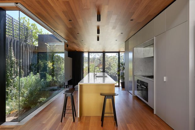 A contemporary galley-style kitchen with a central island and waterfall stone benchtop, viewed toward full-height glazed doors and a landscaped exterior. Warm timber flooring and a timber-lined ceiling contrast with streamlined white cabinetry, integrated appliances, dark-framed glazing, and minimalist black pendant lighting. The space is long and narrow with strong indoor-outdoor visual connection and abundant natural light.