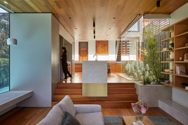 A warm, open-plan contemporary interior combining a kitchen and living area. A central stone island anchors the kitchen, with timber cabinetry, extensive glazing, integrated shelving, and a timber-lined ceiling. The living area in the foreground includes a sofa and coffee table, while stepped timber flooring and indoor planting add visual depth.