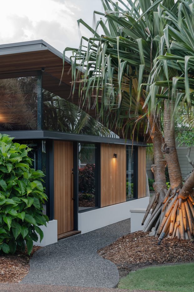 A contemporary single-storey building exterior viewed from a landscaped walkway. The facade combines dark metal-framed glazing, warm vertical timber cladding, white lower wall panels, and broad roof eaves. Dense tropical planting, including a large pandanus-like tree with exposed aerial roots, frames the entry and reflects in the glazing. A gently curving dark gravel or aggregate path leads toward the timber-clad entrance, with subtle warm exterior lighting.