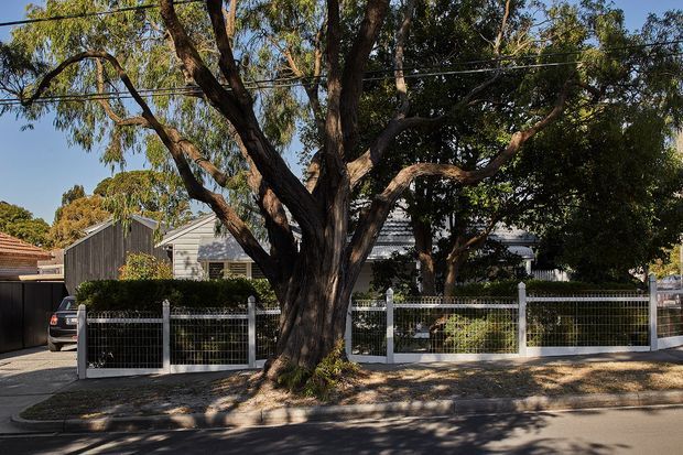 Street-level exterior view of a low-rise residential property behind a white wire-and-post fence, largely screened by a mature spreading tree. The home appears to have light weatherboard cladding, a pitched roof, and a dark timber-clad side structure or garage. A driveway, parked vehicle, overhead utility wires, and suburban street frontage are visible.