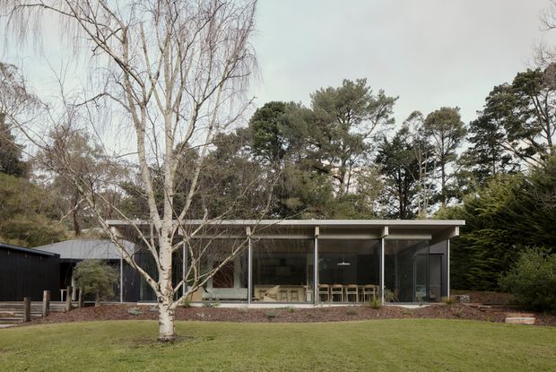 Single-storey modern pavilion-style house set within a landscaped garden, viewed from the exterior. The building has a low, flat roof with broad eaves, extensive floor-to-ceiling glazing, slender dark structural frames, and a restrained neutral facade. A covered glazed living or dining area is visible through the windows, with lawn, mature trees, and planted borders in the foreground and background.