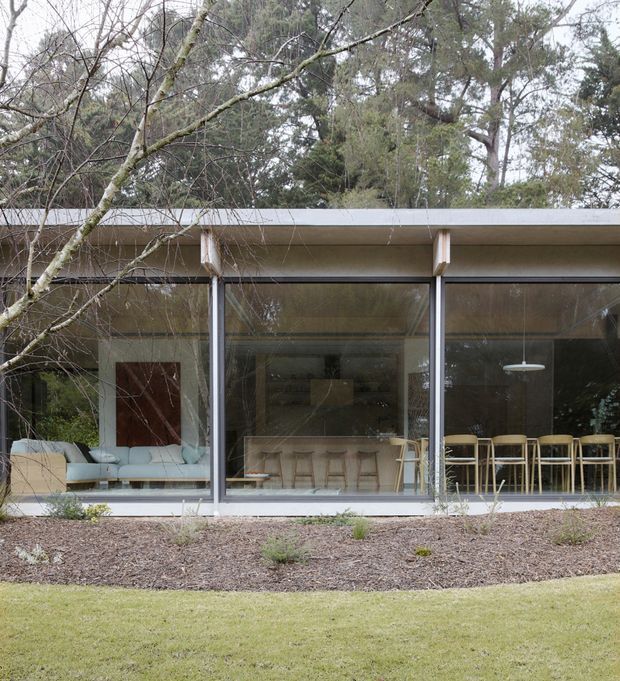 A low, single-storey modern house set among mature trees, viewed from the landscaped garden. The facade is dominated by full-height glazing with slender dark frames, a thin flat roof, exposed structural posts, and a covered terrace or living zone. Through the glazing, a light-toned living area, kitchen island with stools, and dining table with chairs are visible. The foreground consists of lawn and a mulched garden bed.