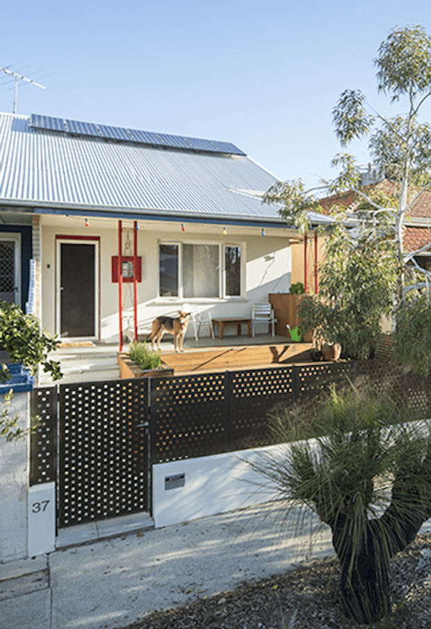 Street-facing view of a compact single-storey dwelling with a corrugated metal pitched roof, pale rendered walls, dark-framed doors and windows, and a raised timber front deck. A perforated dark privacy fence and gate enclose the small frontage, with established planting and a street number visible at the boundary.