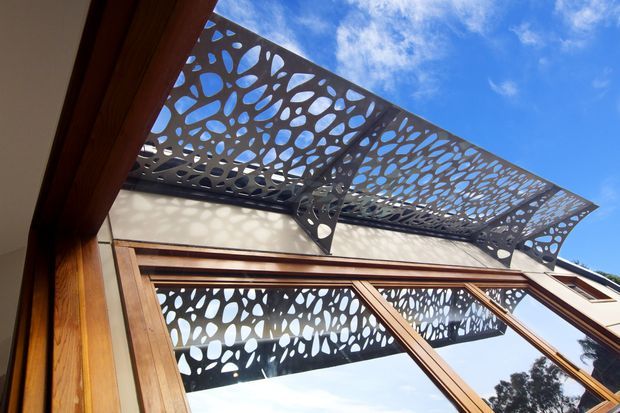 Upward-looking exterior architectural detail showing a perforated organic-pattern metal sunshade or canopy projecting above large timber-framed glazed doors or windows. The canopy casts patterned shadows onto the pale wall and glazing, with blue sky visible beyond. The image emphasizes the facade, screening, timber framing, and geometric shadow play.