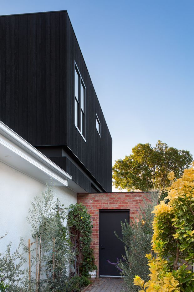 Exterior view of a contemporary two-storey extension with a sharply angled dark vertical-clad upper volume, slim black-framed windows, a white rendered lower wall, and a red brick garden entry structure. A narrow paved path and established planting lead to the black door.