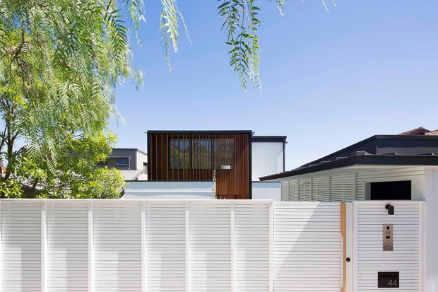 Street-facing view of a contemporary residential property, dominated by a tall white horizontal-slatted privacy fence and matching gate. Behind it is a dark-framed, box-like upper level with warm timber vertical screening, alongside a low white-clad structure with a broad dark roof. Mature leafy branches frame the scene against a clear blue sky.