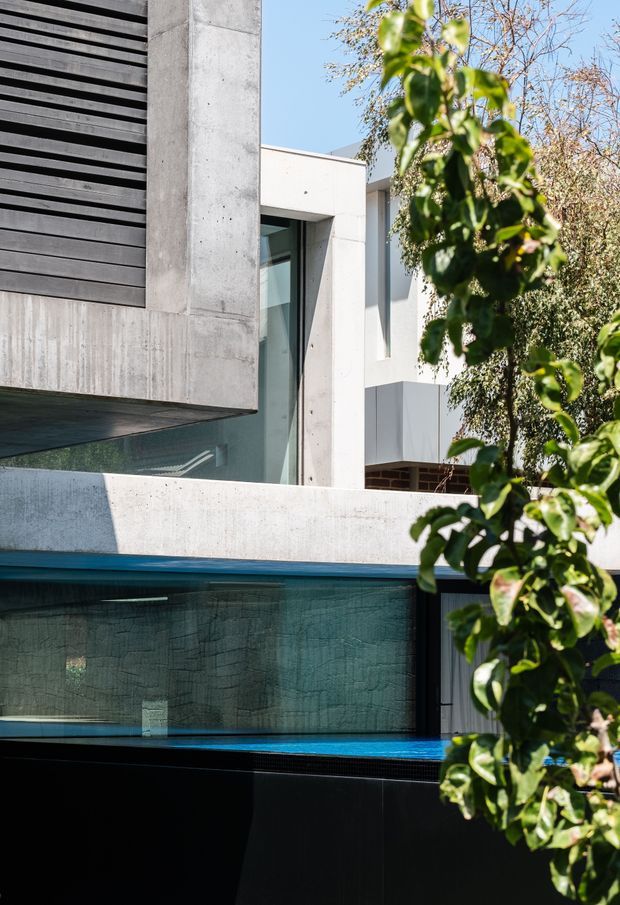 A close exterior view of a contemporary multi-level home with strong geometric forms. Exposed concrete walls and beams frame dark horizontal timber screening, white rendered volumes, and large glazed openings. A turquoise swimming pool occupies the foreground, partially screened by leafy garden planting. The composition emphasizes crisp modern architecture, layered overhangs, and a high-contrast palette of concrete grey, white, black, and blue water.
