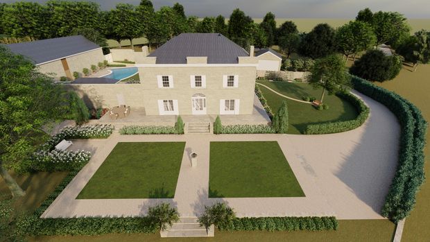 Aerial architectural rendering of a formal landscaped estate with a large symmetrical pale-stone residence, dark pitched roofs, a central front entry, geometric lawns, clipped hedges, curving driveway, garden paths, mature trees, and a swimming pool visible to the rear-left.