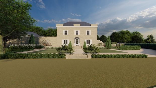 Rendered exterior view of a symmetrical, two-storey stone-clad residence set behind formal hedges and landscaped gardens. The house has a hipped roof, pale masonry facade, white window and door trim, a central entry with steps, and a formal axial pathway leading across the front grounds.