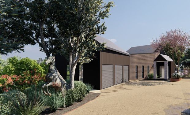 Exterior architectural rendering of a low-rise contemporary dark-clad building with multiple garage doors, a covered entry, pitched roofs, and landscaped planting around a broad sandy driveway.