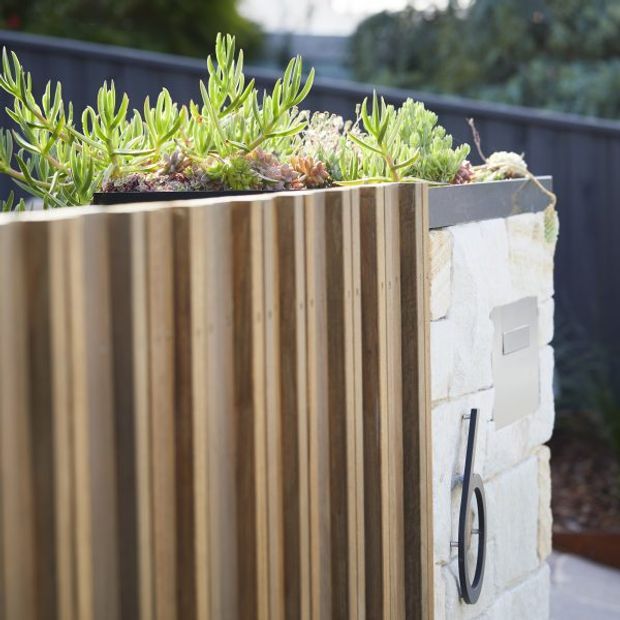 Close-up of a contemporary exterior feature wall or entrance planter combining vertical timber battens with a pale rough-cut stone masonry section. The top is planted with succulents, and a modern wall light is mounted on the stone face. A dark boundary fence and garden setting are visible behind.