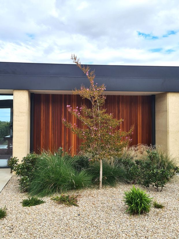 Front exterior of a contemporary single-storey building with a broad dark flat roof, warm vertical timber-clad entry or garage door, pale rendered or stone-like structural piers, and a low-maintenance gravel garden with ornamental grasses and shrubs.