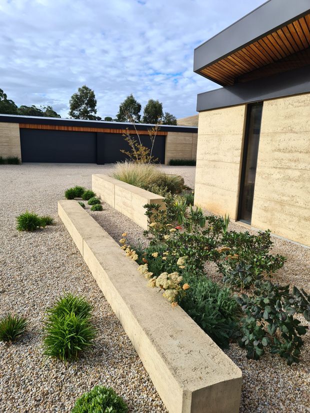 Exterior view of a contemporary single-storey residence with strong horizontal forms, dark metal fascia and garage doors, warm timber soffit lining, and textured light concrete or rammed-earth walls. A minimalist landscaped courtyard uses gravel, raised concrete planter walls, and drought-tolerant ornamental planting. The image is photographed from the front garden/driveway area.