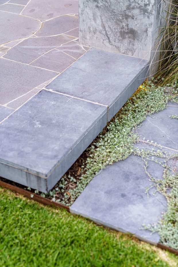 Close-up of a landscaped outdoor area featuring large grey stone paving slabs forming a raised step and path around a rough-textured grey rendered wall. Smaller irregular stone paving, creeping groundcover, and lawn border the installation. The image focuses on the paving details, level changes, and planting interface.