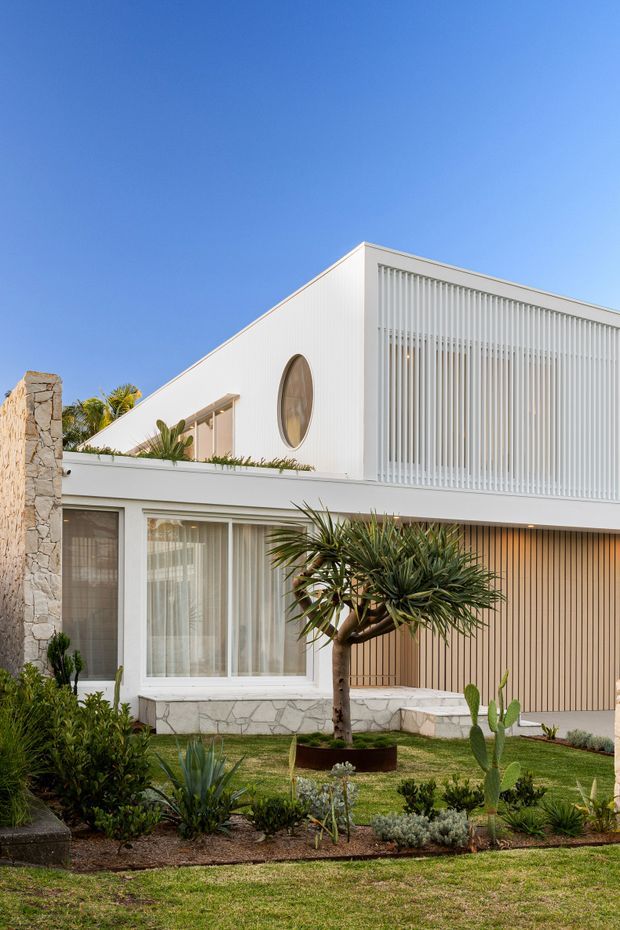 Exterior view of a contemporary two-storey house with crisp white cladding, a prominent vertical slatted screen, large glazed openings, a circular window, and warm timber-toned vertical wall panels. The landscaped front garden features sculptural drought-tolerant planting, palms, cacti, and a low stone-clad wall under a clear blue sky.