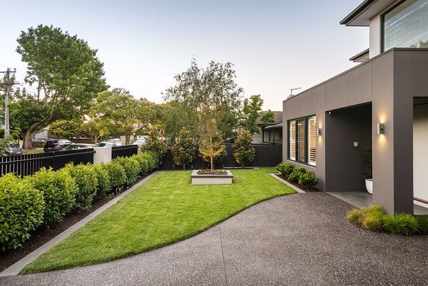 A landscaped front courtyard and entry to a contemporary multi-level residence. The neat lawn is bordered by clipped hedges and garden beds, with a textured paved driveway or path leading to a dark recessed entrance. The house has smooth dark grey rendered walls, large glazing, timber-toned louvred window shutters, and restrained modern detailing.